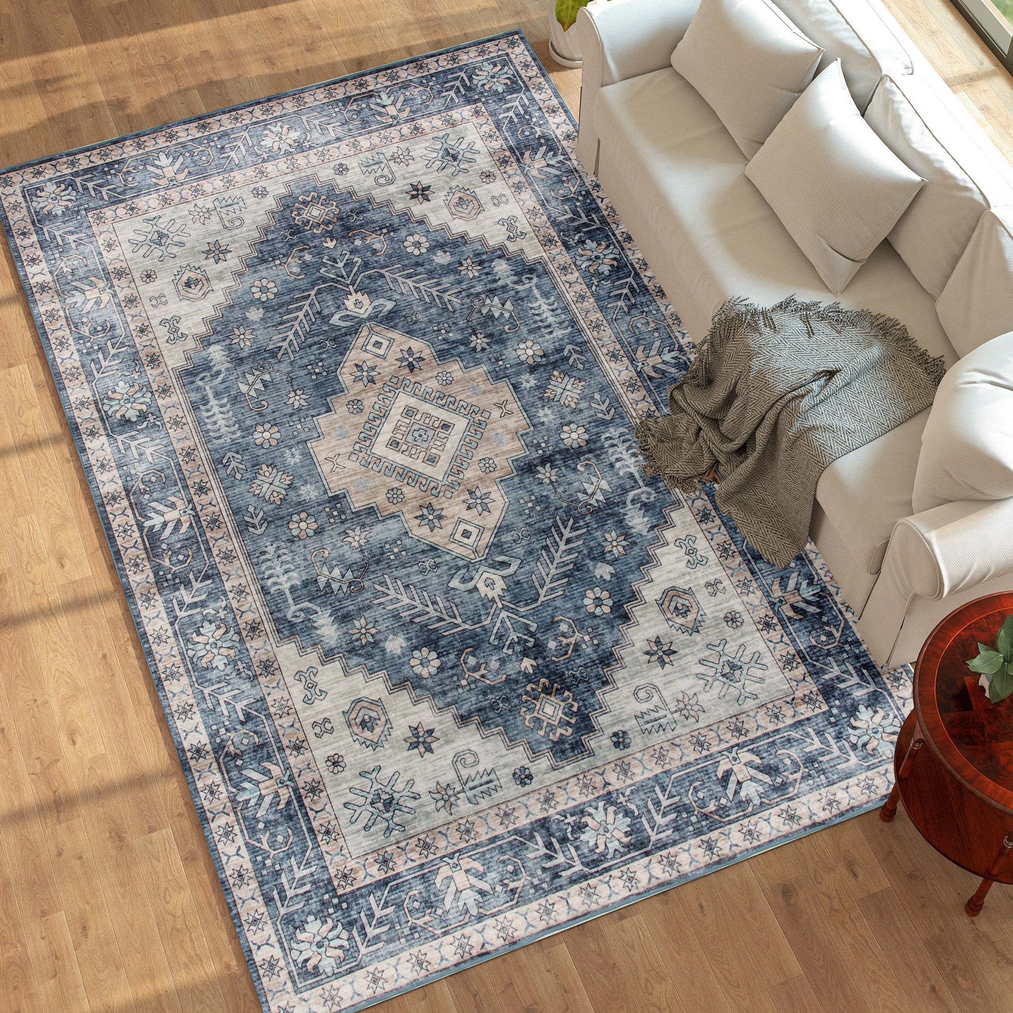 8x10 Area Rug, Vintage Washable Rug, Non-Slip Floor Carpet For Living Room, Bedroom, Dining Room, Blue