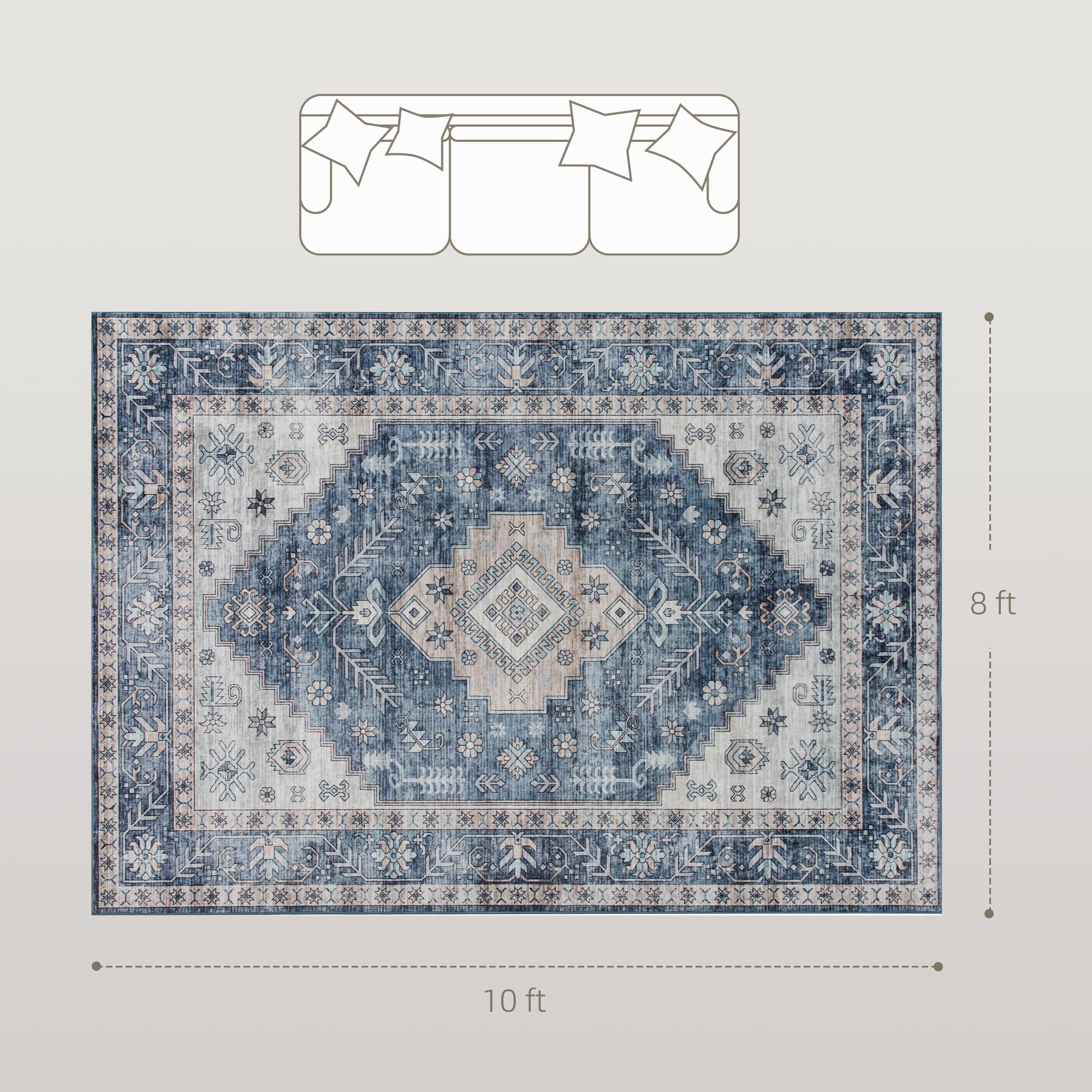 8x10 Area Rug, Vintage Washable Rug, Non-Slip Floor Carpet For Living Room, Bedroom, Dining Room, Blue