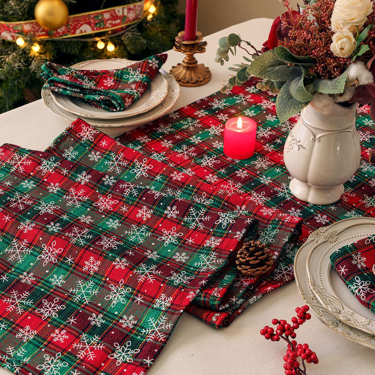 Christmas Table Runner Red Festive Fabric Plaid Placemat