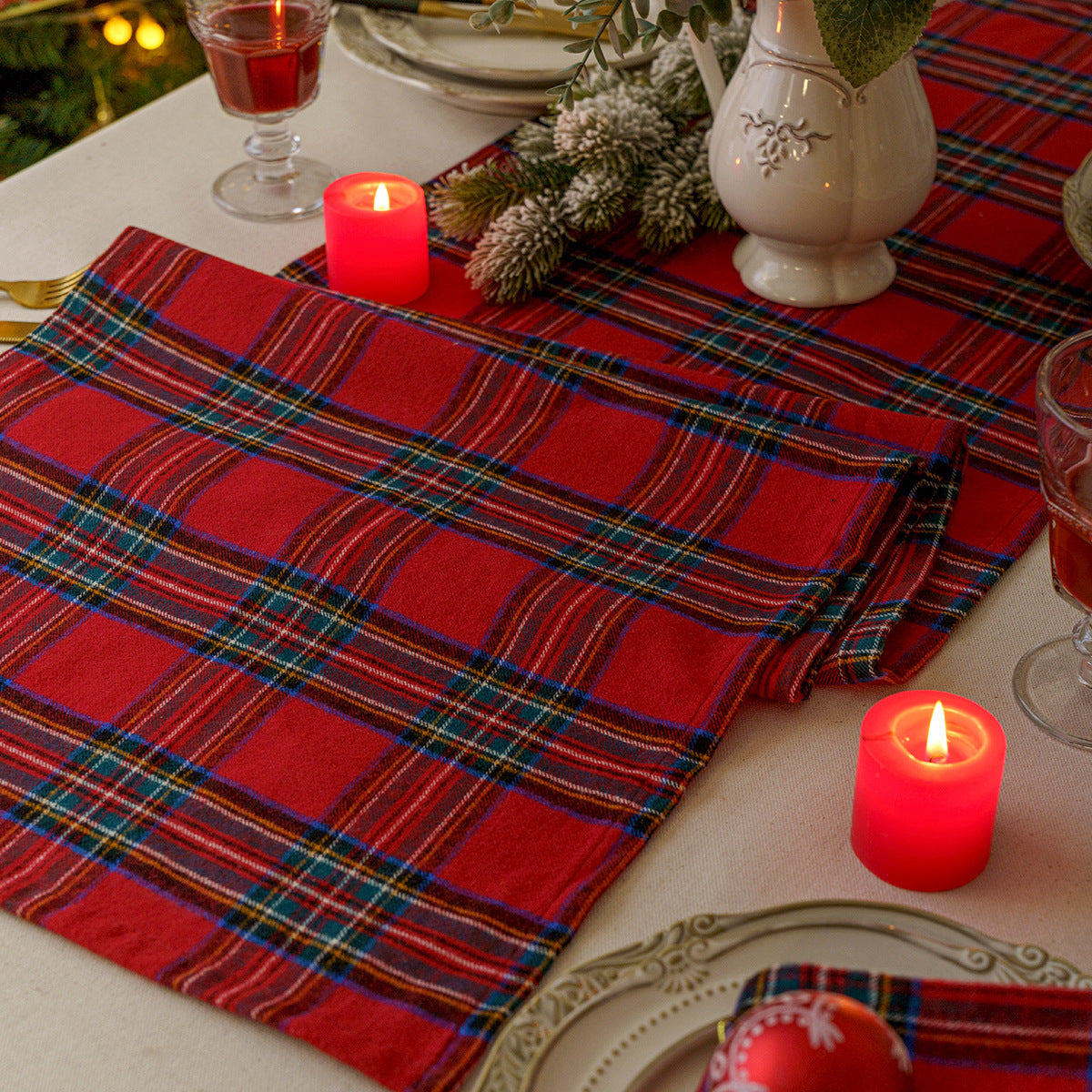 Christmas Table Runner Red Festive Fabric Plaid Placemat